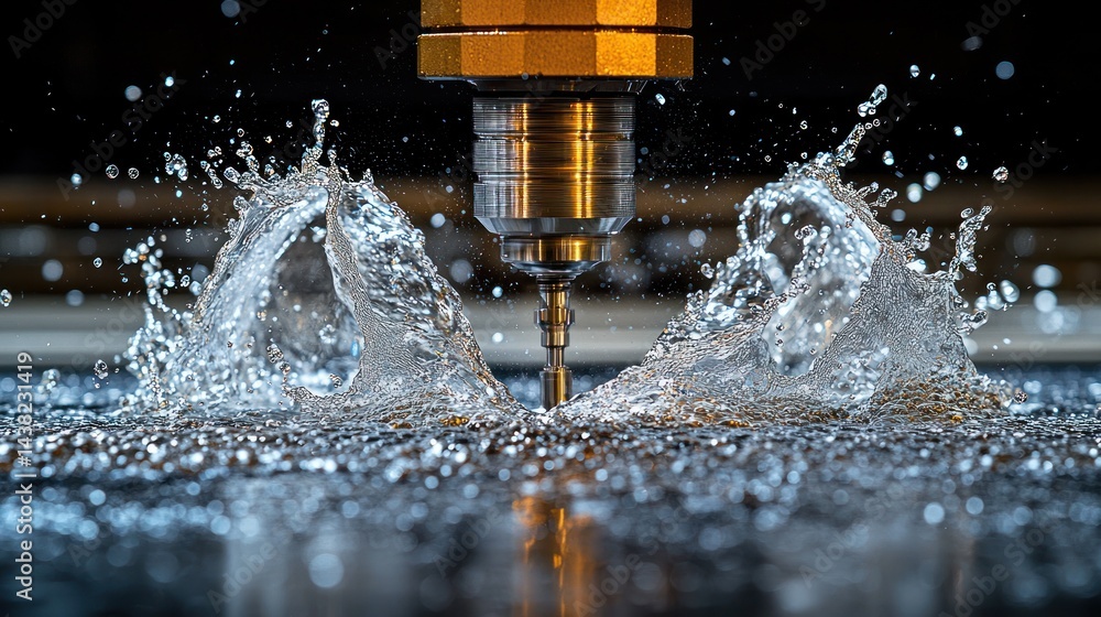 Poster precision drilling machine in action. water splashes highlight the process