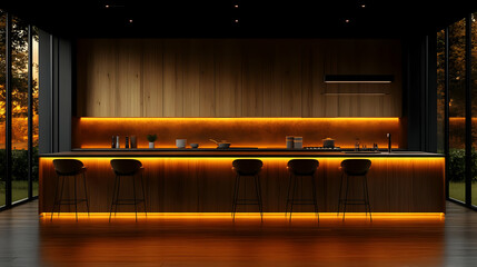 Obraz premium Modern Dark Wood Kitchen Island with Warm Orange Lighting