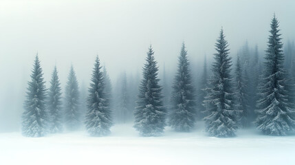 Fototapeta premium Snowy landscape with coniferous trees disappear into the misty background Winter scenery