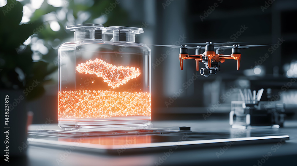 Poster futuristic image depicts a drone observing a glowing jar containing a complex network. suggesting ad