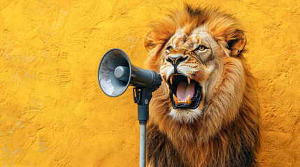 Majestic lion with megaphone roars against vibrant yellow background, showcasing its powerful presence and commanding attention. This striking image captures essence of strength and authority