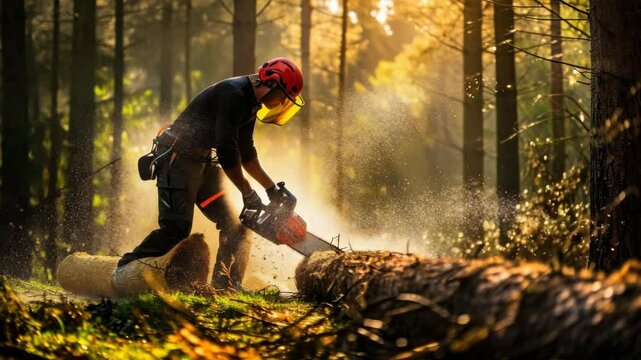 A man is cutting down a tree with a chainsaw. The scene is set in a forest with sunlight shining through the trees. The man is wearing a red helmet and safety gear while operating the chainsaw