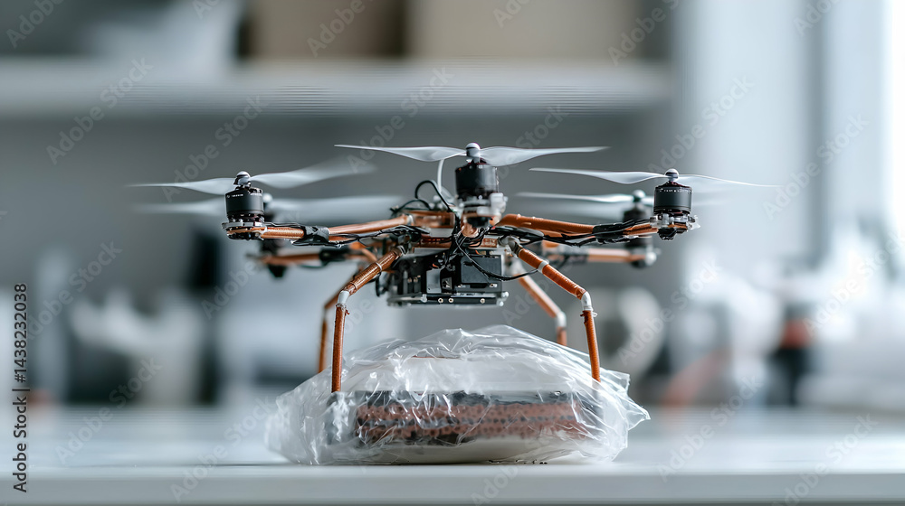 Poster a drone with a package underneath. delivery services using aerial drones. drone technology for fast 