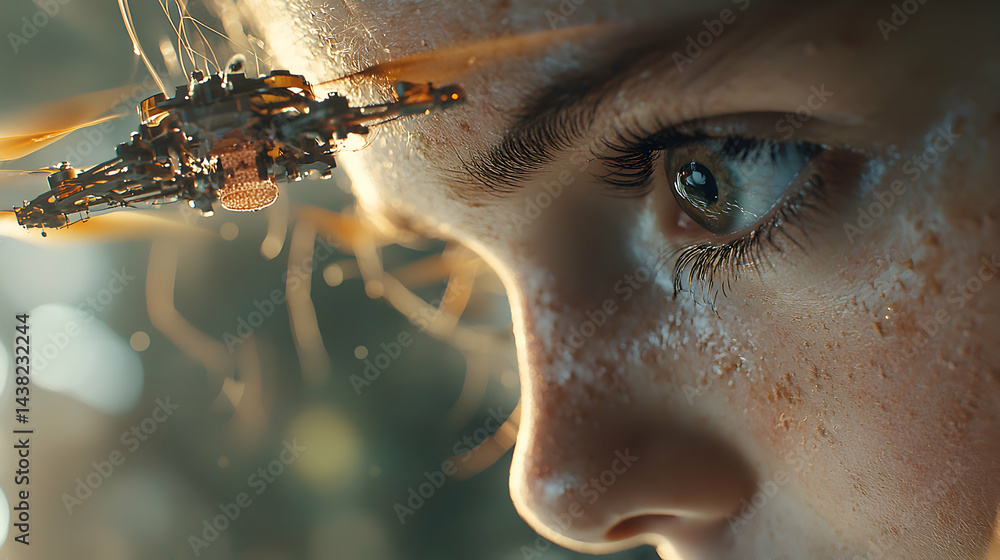 Poster close-up shows a human face with a cybernetic device near the eye suggesting technological advanceme