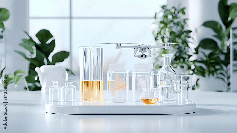 Poster a modern lab setup featuring glass containers and a drone. ideal for innovative product development 