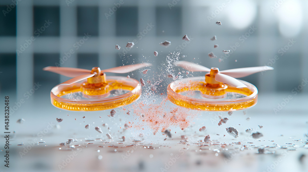 Poster two small hovering devices interacting with dust and particles. this could be used to show innovativ