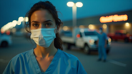 Exhausted Nurse at Dawn – Portrait of Frontline Hero in Hospital Parking Lot with Mask Marks and Early Morning Light, International Nurses Day concept