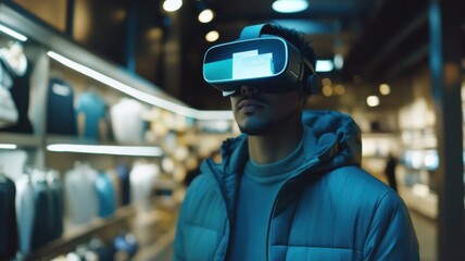A man wearing a virtual reality headset explores a modern, well-lit retail store with shelves displaying various products.