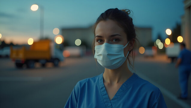 Exhausted Nurse at Dawn – Portrait of Frontline Hero in Hospital Parking Lot with Mask Marks and Early Morning Light, International Nurses Day concept - Powered by Adobe