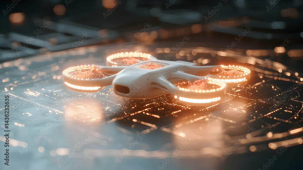 Poster futuristic drone design glowing in a tech environment showcasing innovation and future applications 