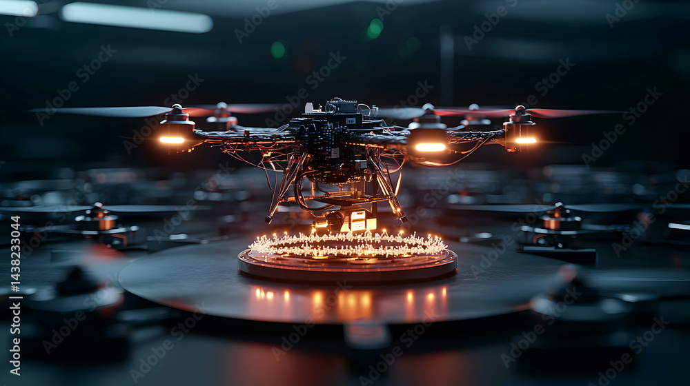 Poster a drone is illuminated in a futuristic setting. suggesting a technology focused theme. ideal for tec