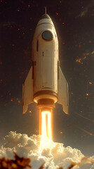 Obraz premium A rocket blasting off with flames and smoke against a starry background flying to explore outer space
