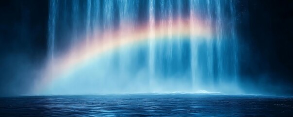 Waterfall rainbow, serene pool. Background use
