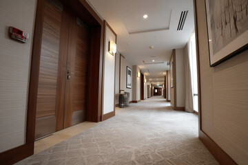 Obraz premium Luxury 5 start hotel room hallway, with carpet floor and dark wooden door, beige colour design wallpaper