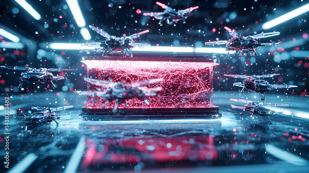 Aufkleber futuristic scene with mechanical drones and a glowing energy core. ideal for tech interfaces or scie