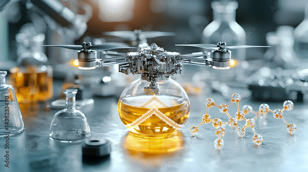 Poster a drone integrates with a liquid-filled flask suggesting advanced lab tech. this could be used to pr