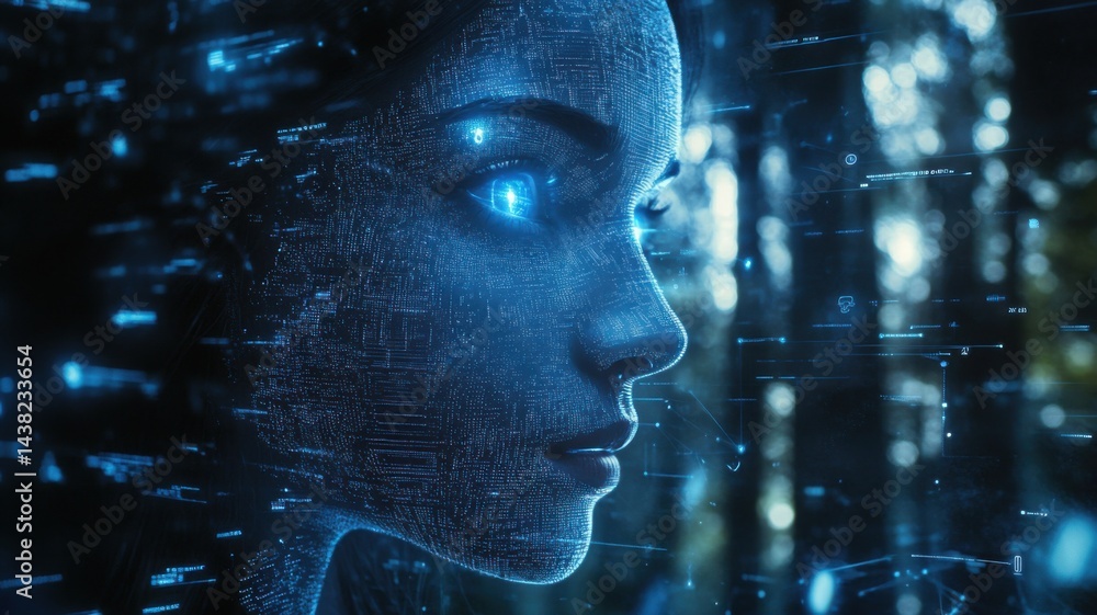 Poster a futuristic digital face with glowing eyes and data streams, representing artificial intelligence a