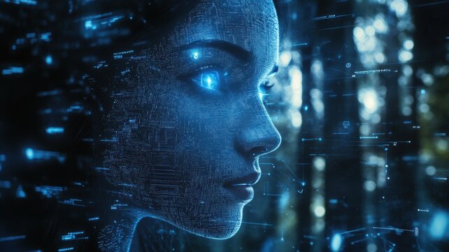 A futuristic digital face with glowing eyes and data streams, representing artificial intelligence and technology.