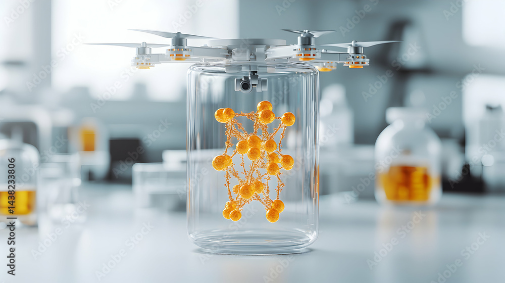 Poster a drone transports a clear container with an orange molecular structure in a laboratory setting. thi