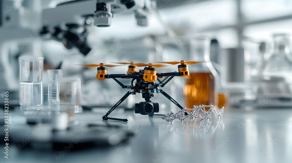 Poster a drone sits in a lab setting. it might be used for research experiments or to capture data. it coul