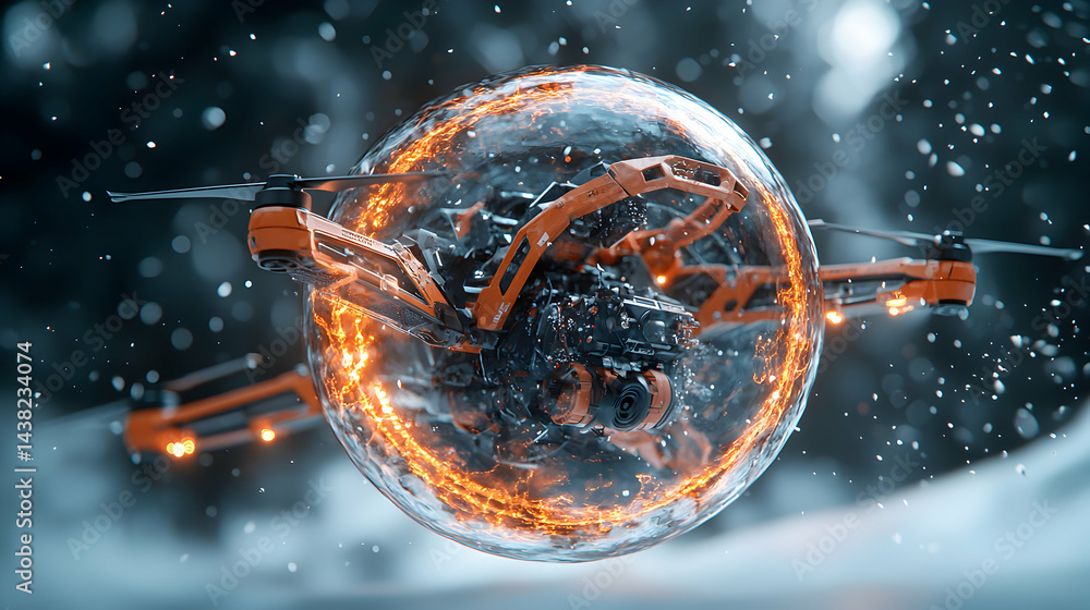 Poster futuristic drone inside a glowing energy field. use this for sci-fi concepts showcasing advanced tec
