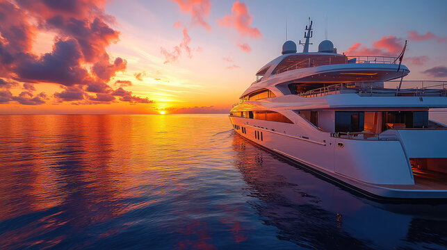 A luxury yacht sailing on a crystal-clear ocean at sunset