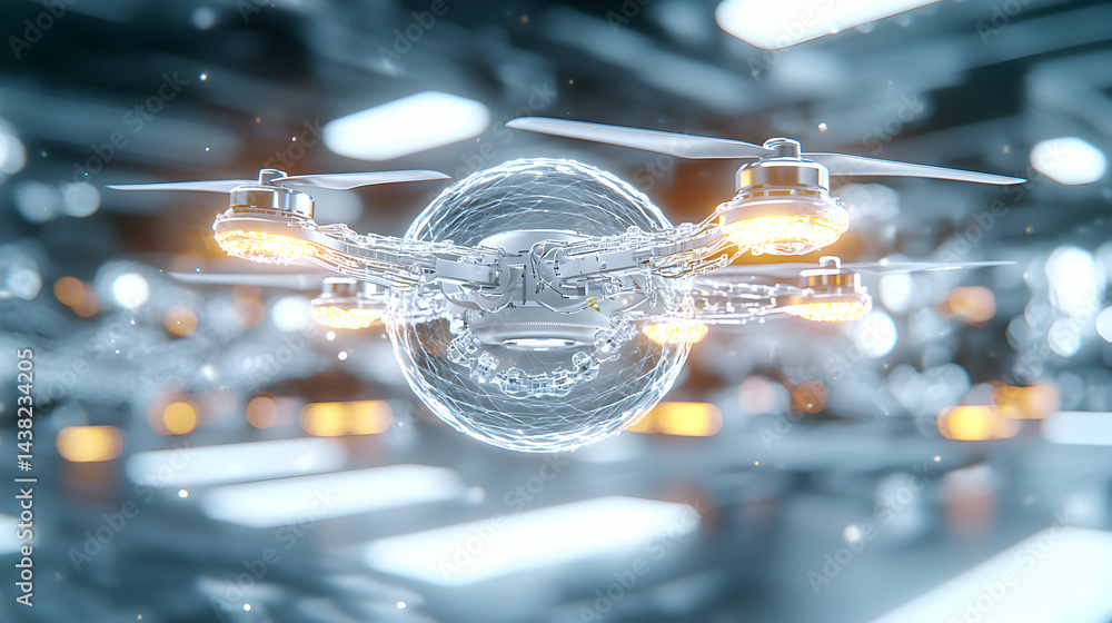 Poster a futuristic drone design glows. suggests high-tech applications like surveillance delivery or data 
