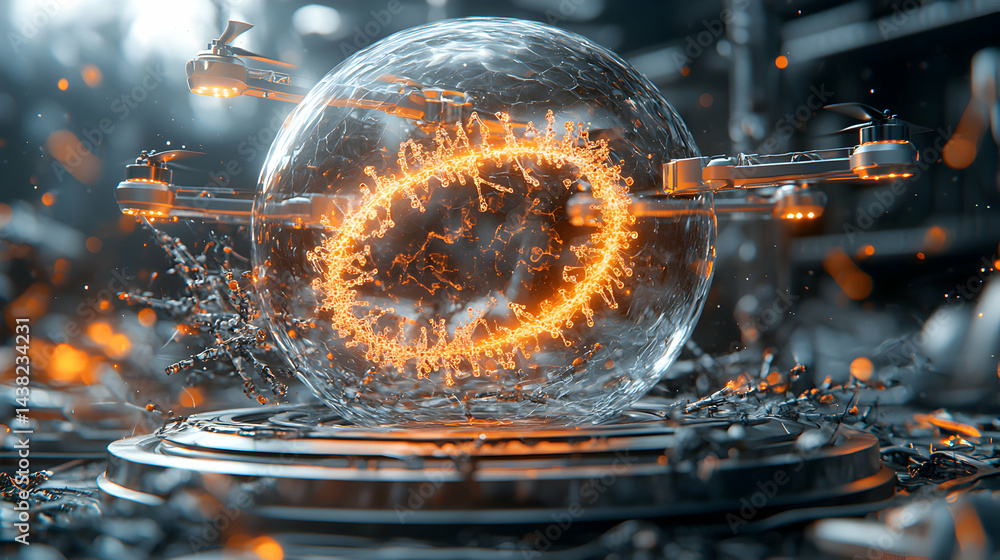 Poster futuristic drones surround a glowing orb. ideal for sci-fi visuals product concepts or technological