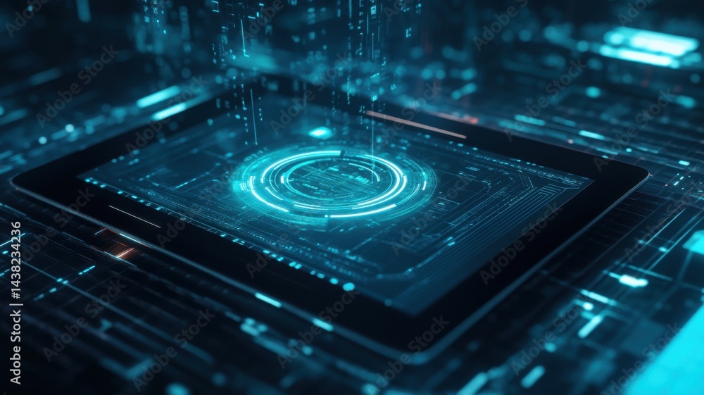 Poster a digital tablet displays a glowing futuristic interface with holographic elements and advanced tech