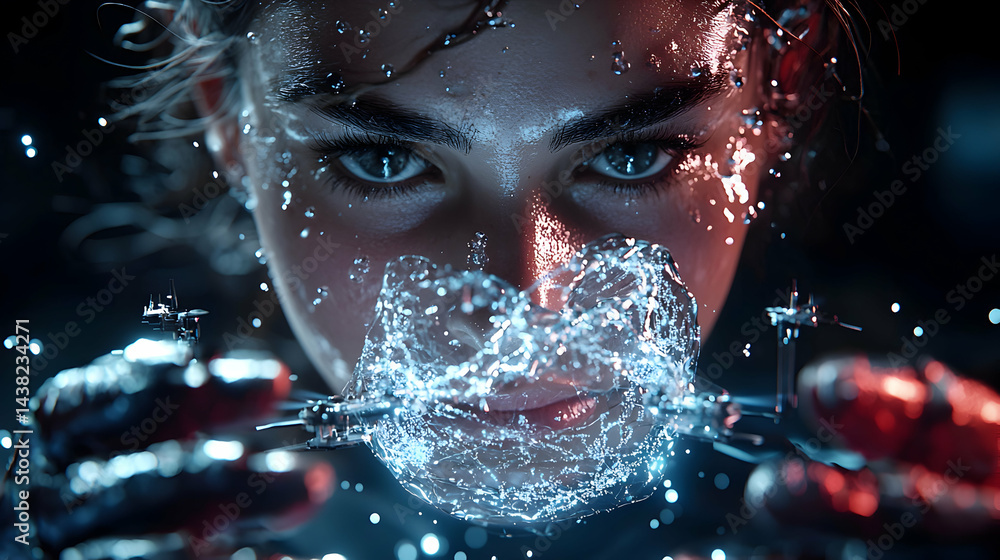 Poster a close-up of a person's face. sparkling water and digital elements blend creating a futuristic scen