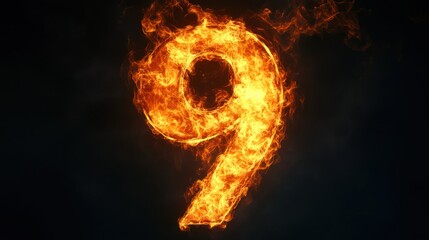 Fiery number nine, dark background, abstract concept