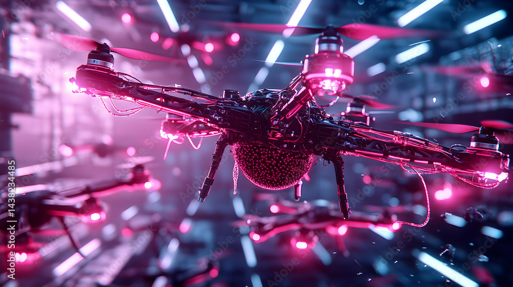 Poster futuristic drones swarm in neon light. ideal for cyberpunk visuals or tech advertisements. use it fo