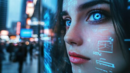 A woman"s face with digital data overlays, reflecting technology and city lights, suggesting a futuristic or AI-driven world.