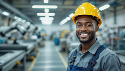 A smiling man wearing a yellow hard hat and gray work overalls confidently looks at the camera while standing in a brightly lit industrial factory.