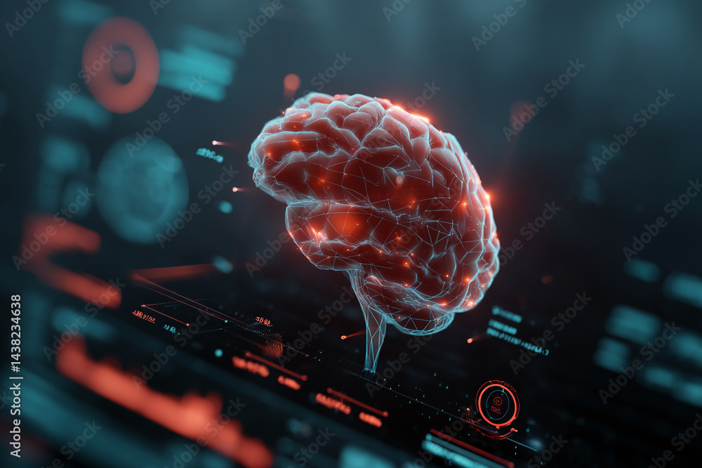 Poster red glowing brain model on dark digital interface, showcasing neural network concept, ideal for tech
