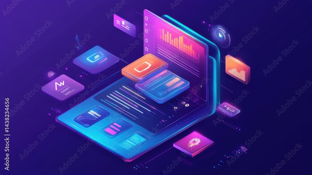 Poster a futuristic digital dashboard displays colorful data charts and analytics apps on a glowing laptop 
