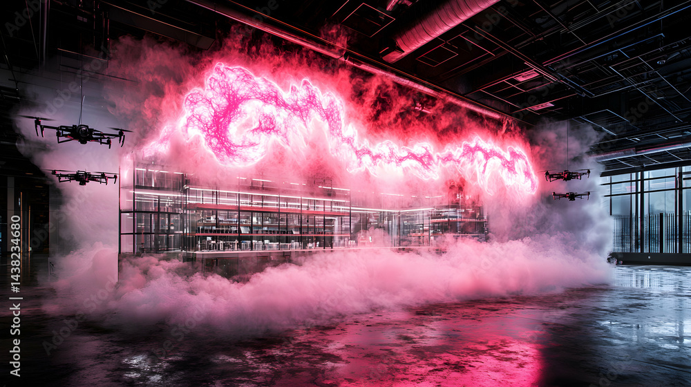 Poster futuristic scene with drones navigating a laboratory engulfed in pink fog. use for sci-fi concepts o
