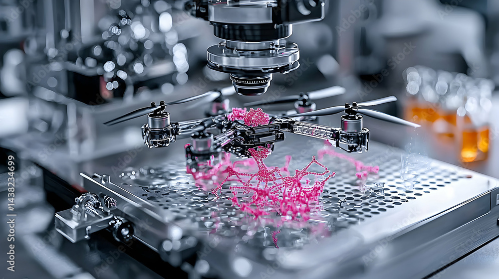 Poster a futuristic lab scene with a drone examining a complex biological structure. suggesting scientific 