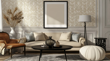 A black frame mockup on the wall of an empty living room. A sofa and armchair are placed in front of it, and a vase with flowers is placed next to them. The interior design is modern