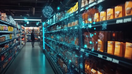 A supermarket aisle with digital technology overlays, illustrating smart retail and data-driven shopping.