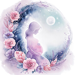 Watercolor pregnant woman with moon and floral arrangement night sky background