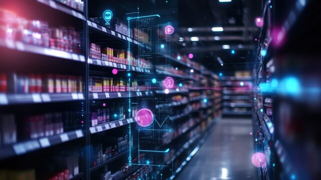 A modern supermarket aisle with digital data overlays, highlighting the integration of technology and retail analytics in a futuristic shopping environment. - Powered by Adobe