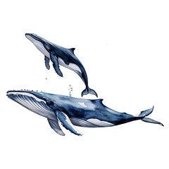Watercolor illustration of two blue whales swimming in ocean underwater scene