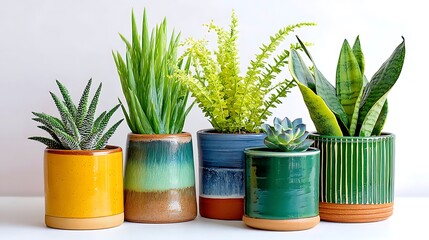 Plants in colorful pots, arranged against a white wall in a bright indoor setting, creates a serene atmosphere