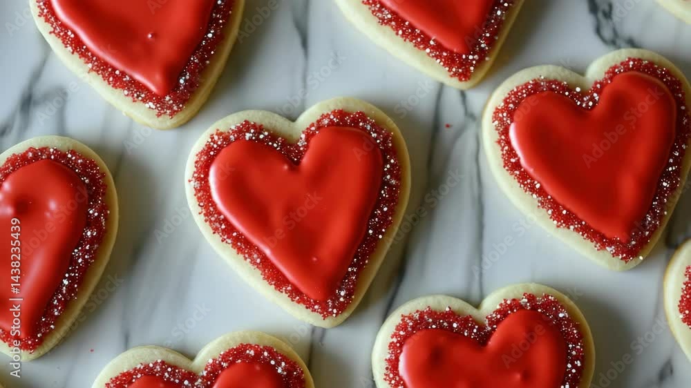 Aufkleber a row of heart-shaped cookies with red icing and sprinkles. the cookies are arranged in a neat row o