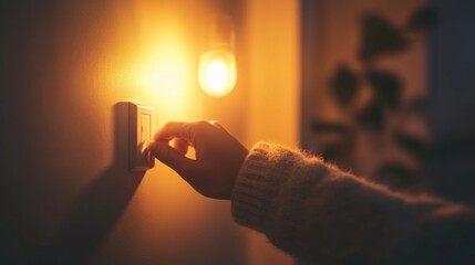 A hand turning on a light switch in a dimly lit room at night.