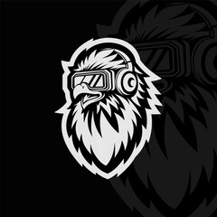 Eagle with headset and eyeglasses, mascot esport logo design, black white