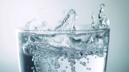 Sparkling water splashing in glass, close-up studio shot, background blurred, for advertising