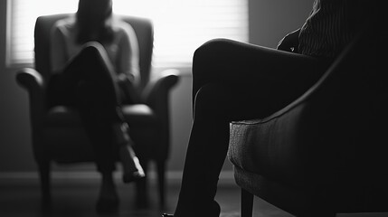 Two people in a therapy session, a black and white image of a counseling session, with blurred figures in armchairs.