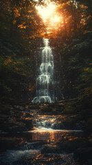 Waterfall cascades amidst lush greenery illuminated by golden sunlight creating a serene forest scene